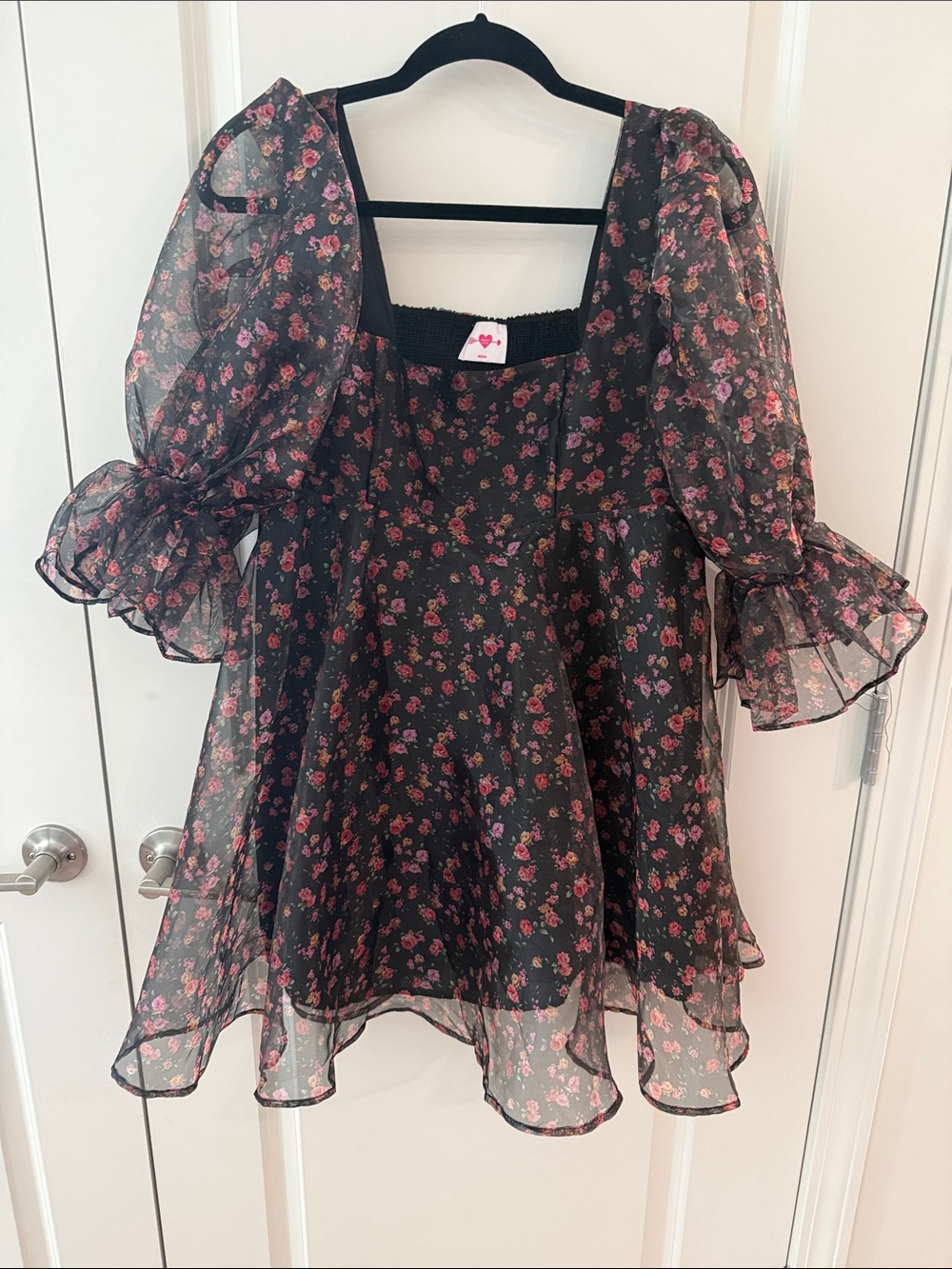 Buddy Love Black Mini Dress with Pink Floral Puff Sleeves